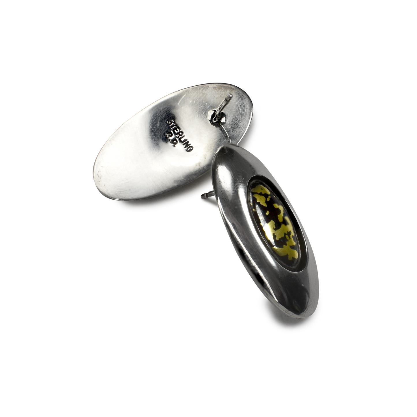 Vintage Sterling Silver & 14K Gold Shadowbox Oval Studs