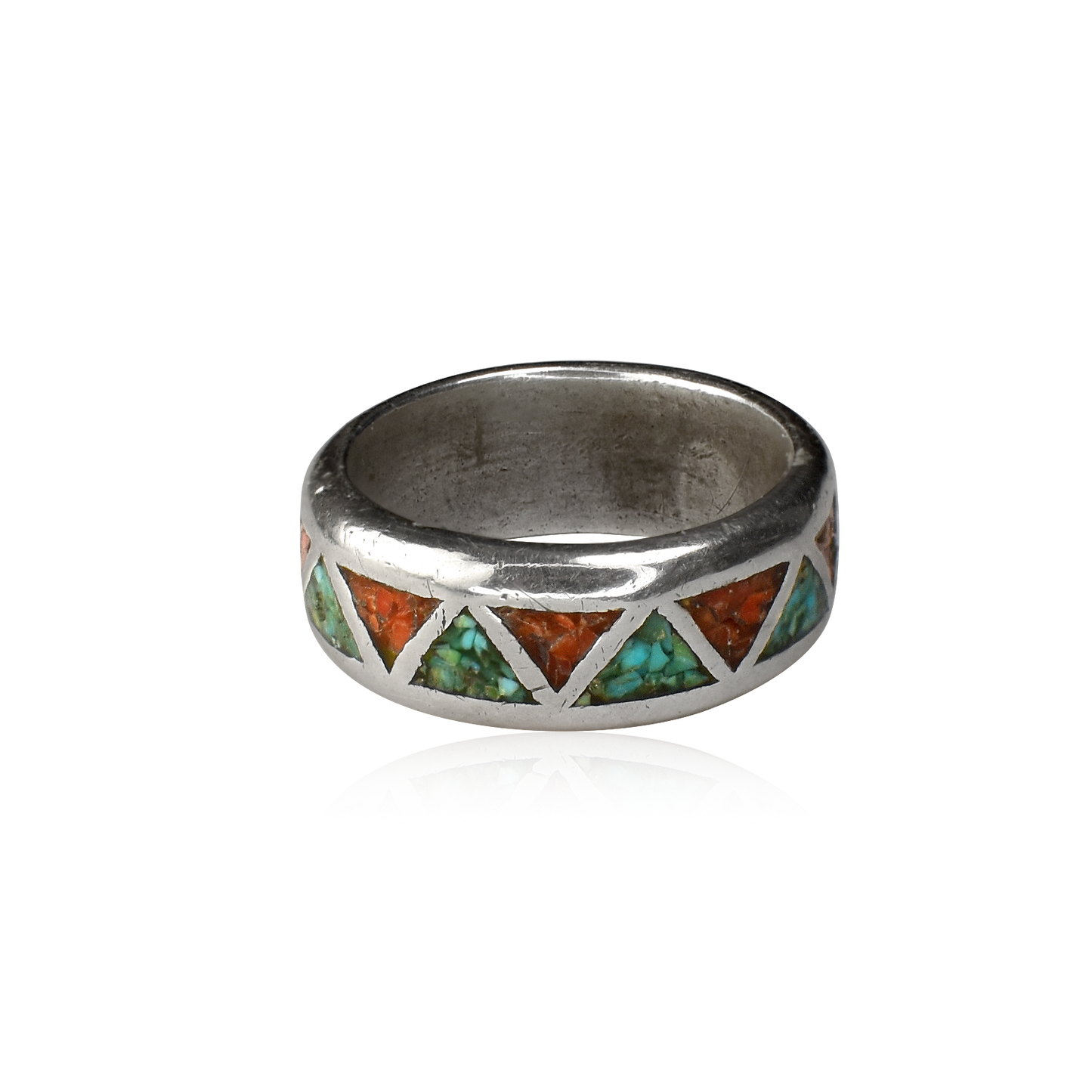 Vintage Turquoise and Coral Trianglular Chip Inlay Ring
