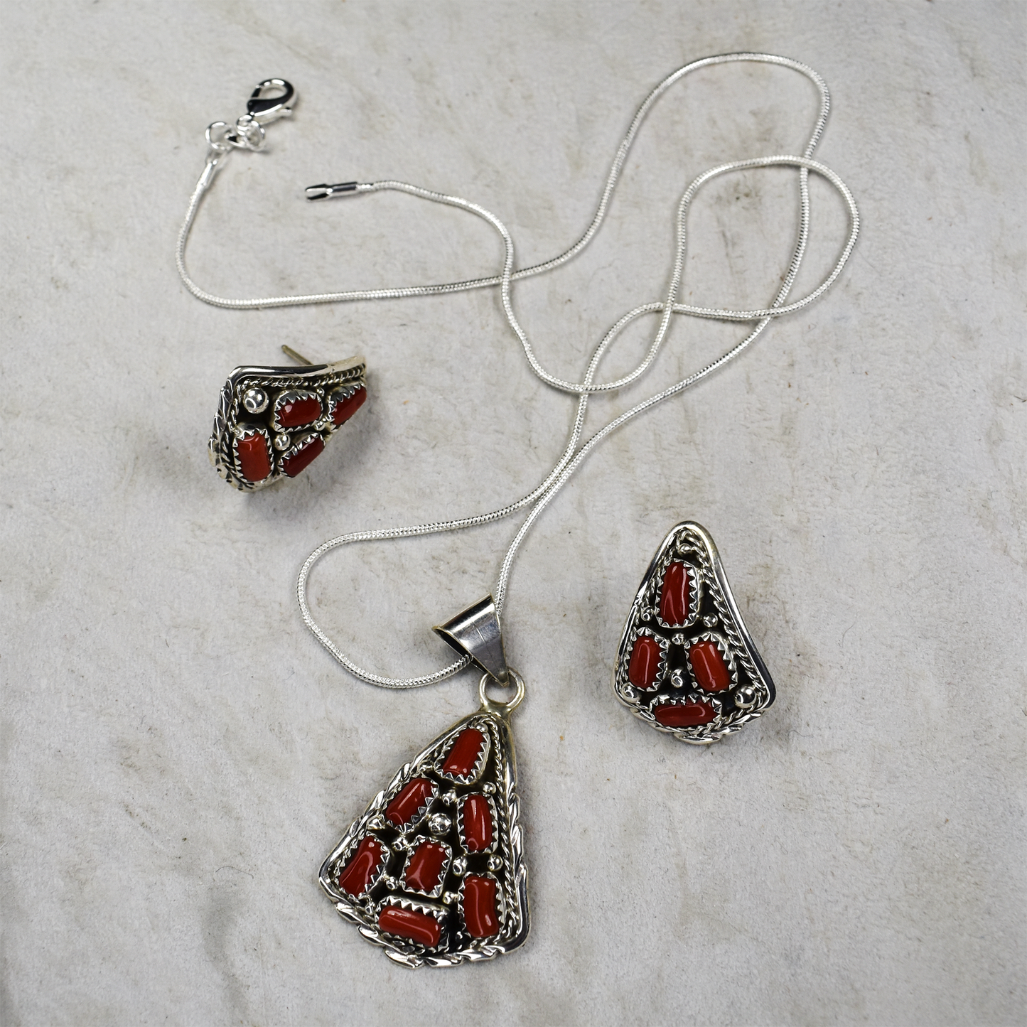 Noble Coral Hand-Tooled Pendant & Stud Earring Set by Melvin Chee