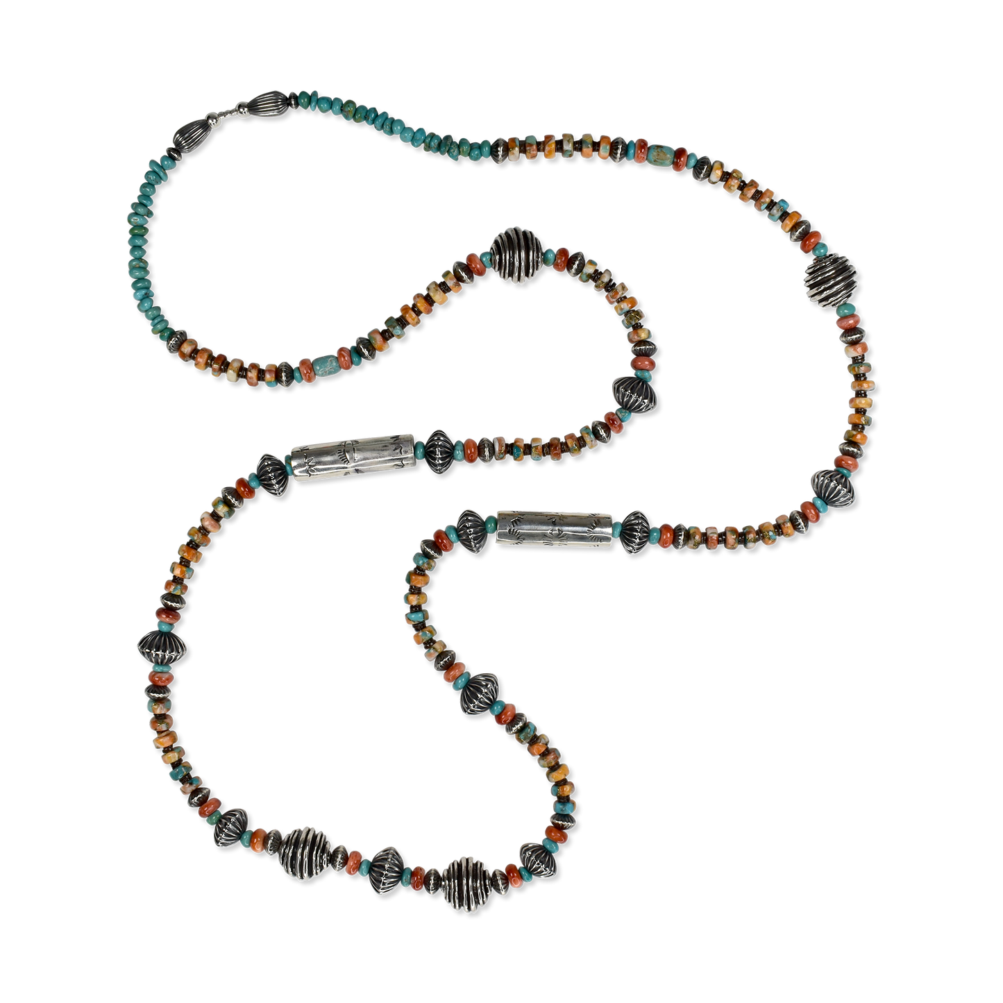 Turquoise and Spiny Oyster Heishi and Barrel Bead Necklace by Teller Indian Jewelry