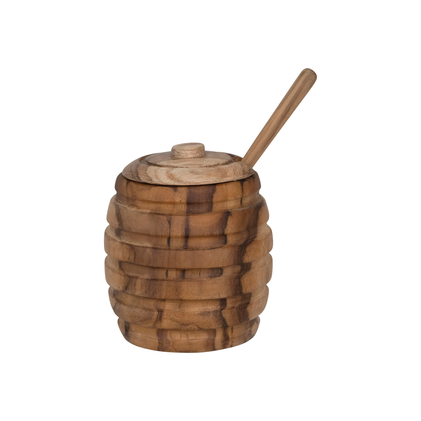 Carved Teak Honey Jar with Dipper