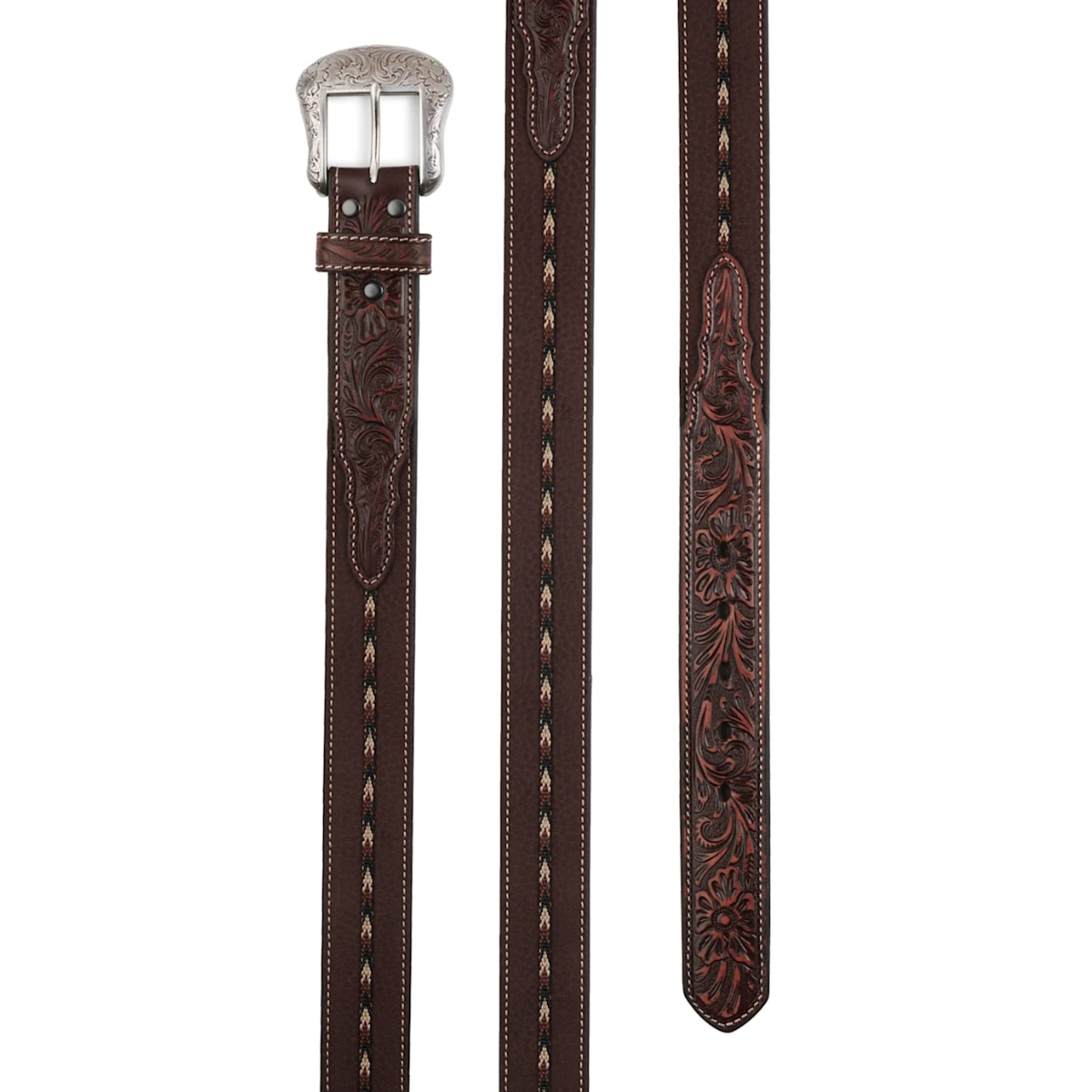 Ariat Men's Brown Western Belt with Braided Stripe and Tooled Tabs