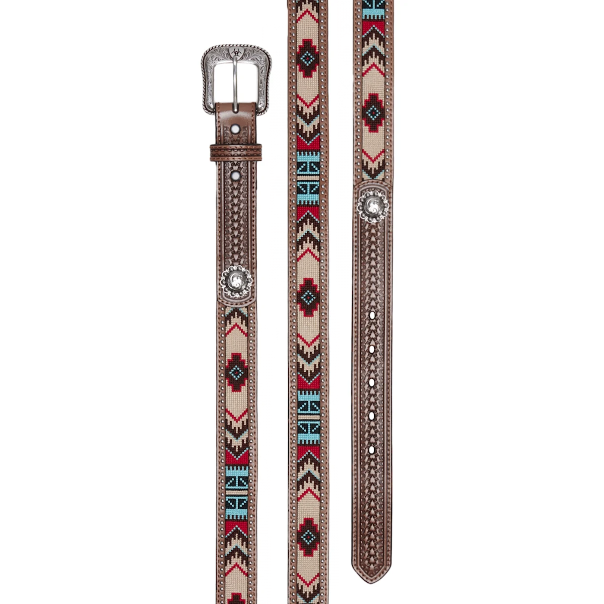 Ariat Men's Brown Basketweave Western Belt with Aztec Fabric and Studs