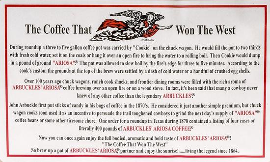 Arbuckles' coffee cowboy coffee trail ride morning beverage hot medium roast ground fresh Tuscon, Arizona 1 pound the coffee that won the west