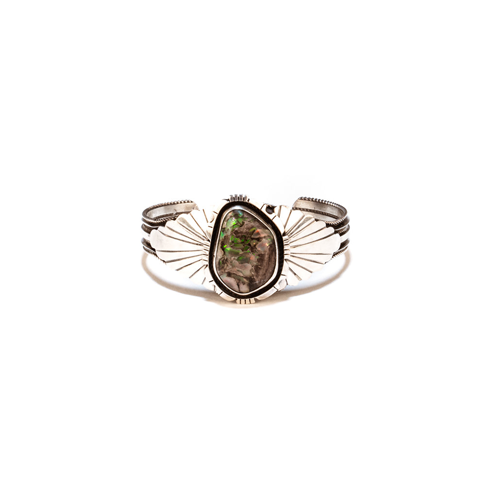 Nevada black fire opal irregular shape rare collector bracelet cuff sterling silver play of color precious gemstone
