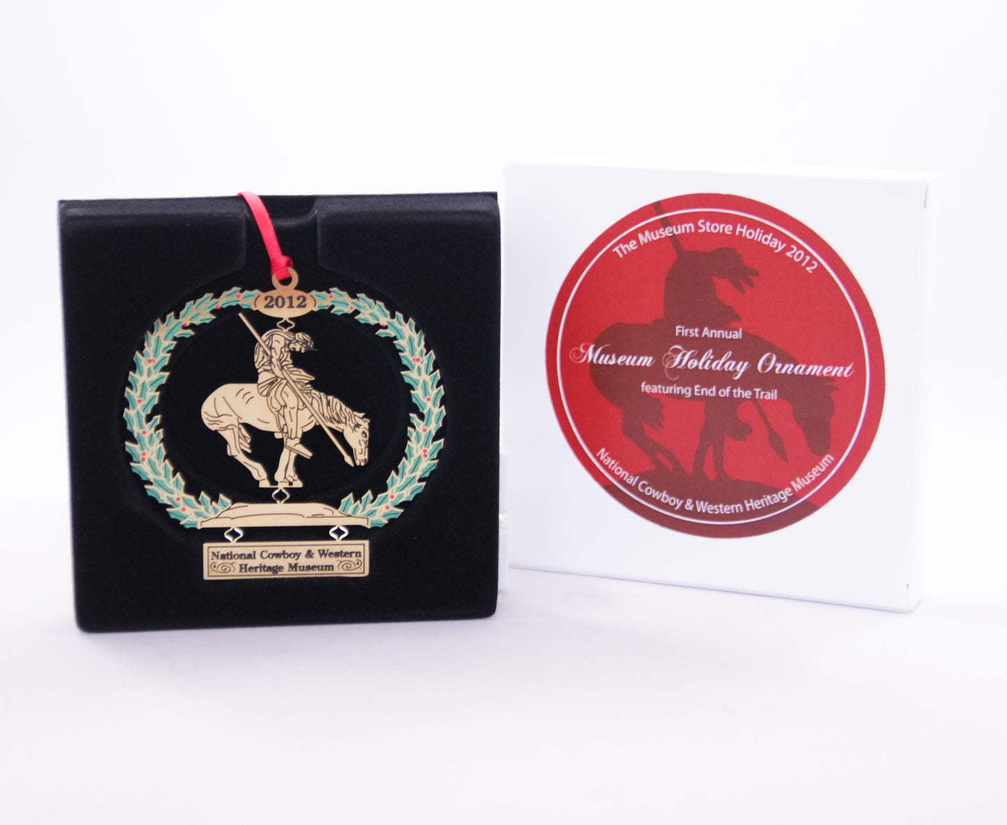 end of the trail sculpture christmas tree ornament collectible collection gold metal delicate stamped 2012 national cowboy and western heritage museum store's first annual christmas ornament with the box