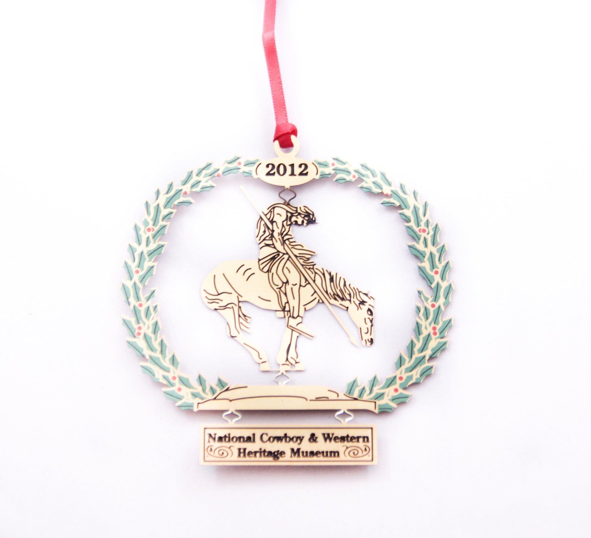 end of the trail sculpture christmas tree ornament collectible collection gold metal delicate stamped 2012 national cowboy and western heritage museum store's first annual christmas ornament