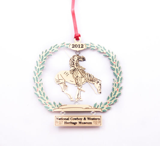 end of the trail sculpture christmas tree ornament collectible collection gold metal delicate stamped 2012 national cowboy and western heritage museum store's first annual christmas ornament