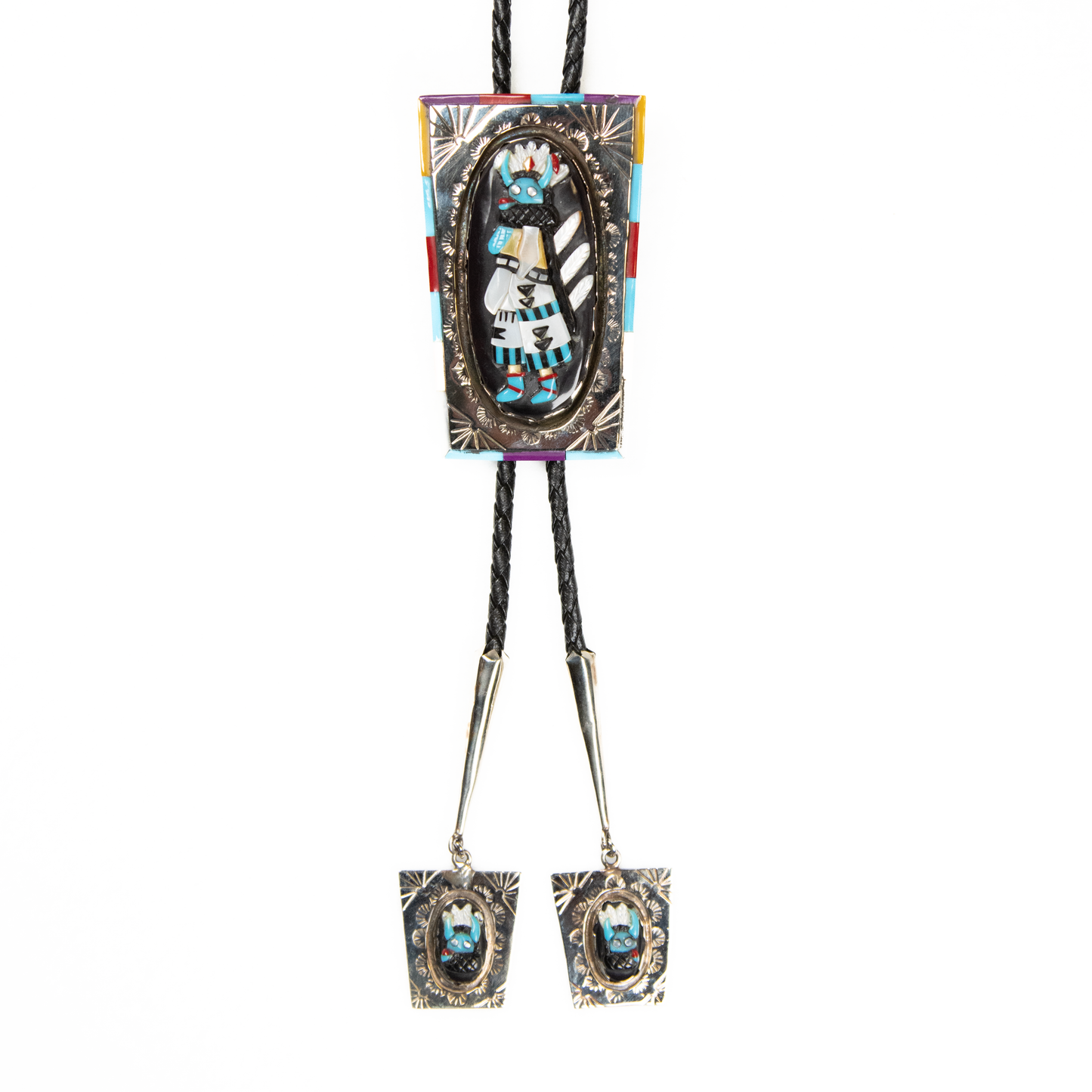 Vintage Stone & Shell Inlay Buffalo Kachina Bolo by Ronnie Calabaza