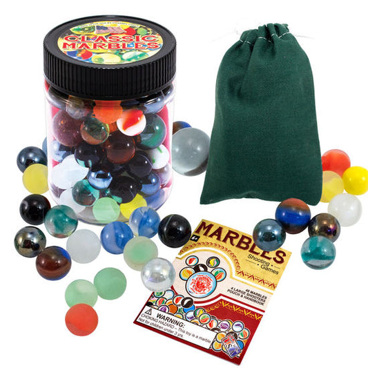marbles in a clear case or jar classic toys vintage for kids and family