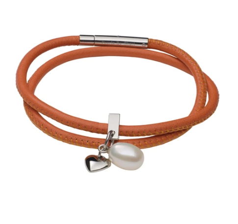 teton mountaineering double wrap bracelet nappa leather orange with pearl charm and heart charm made by Pearls by Shari jewelry for women