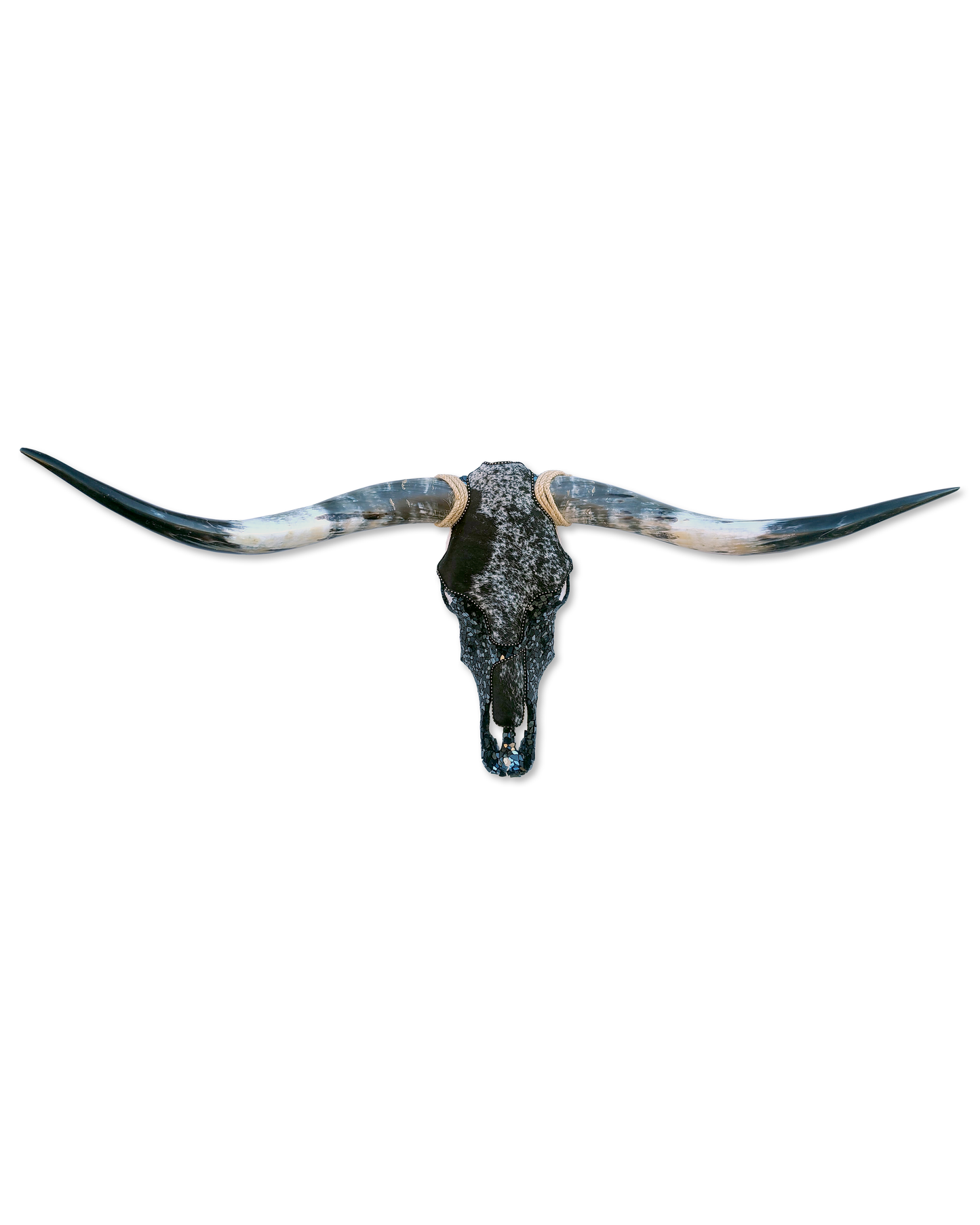 Large Black Cowhide & Flat Glass Longhorn Skull