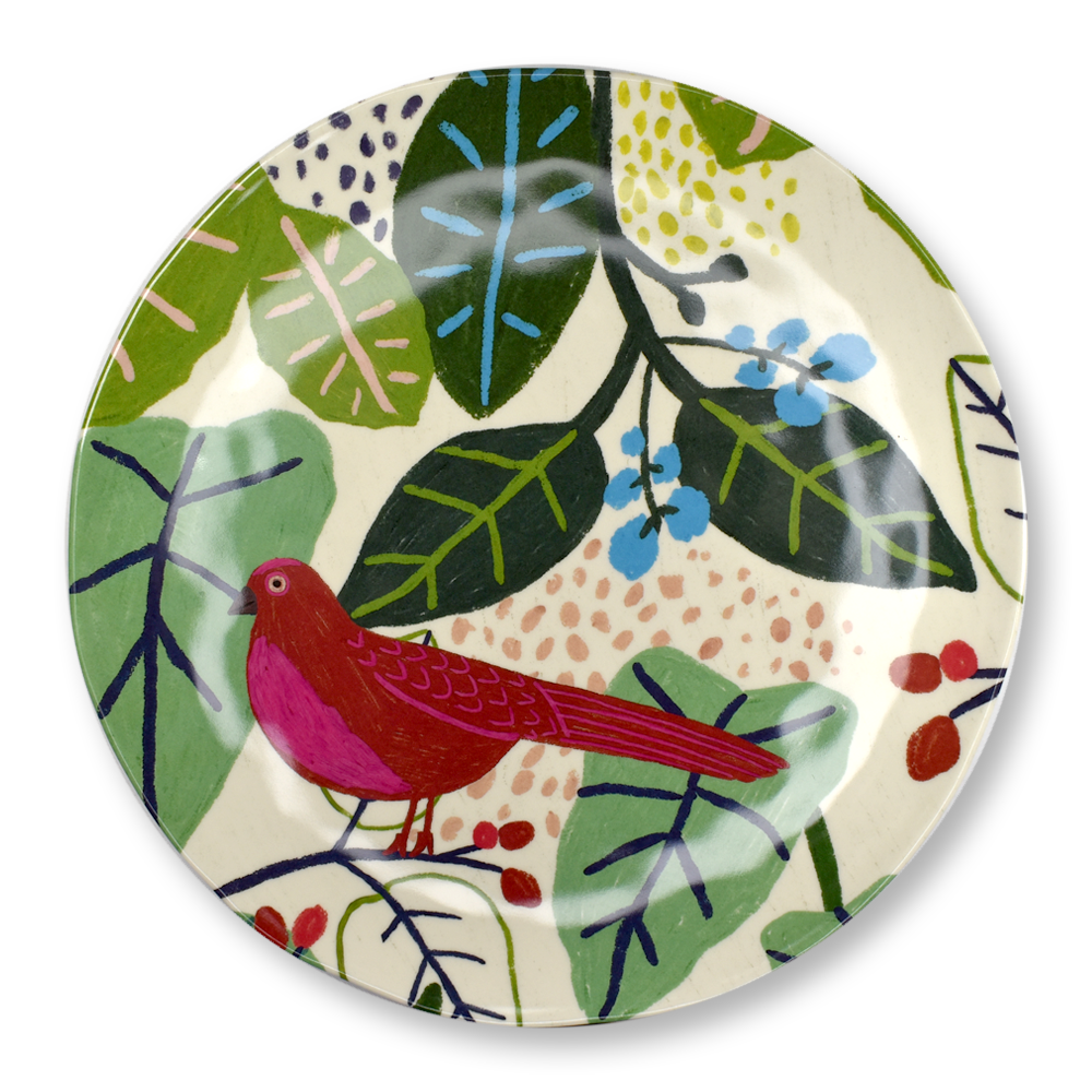 Bird and Foliage Melamine Plate, Red