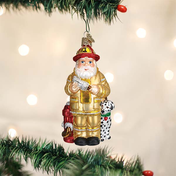 Yellow Coat Fireman Santa Ornament