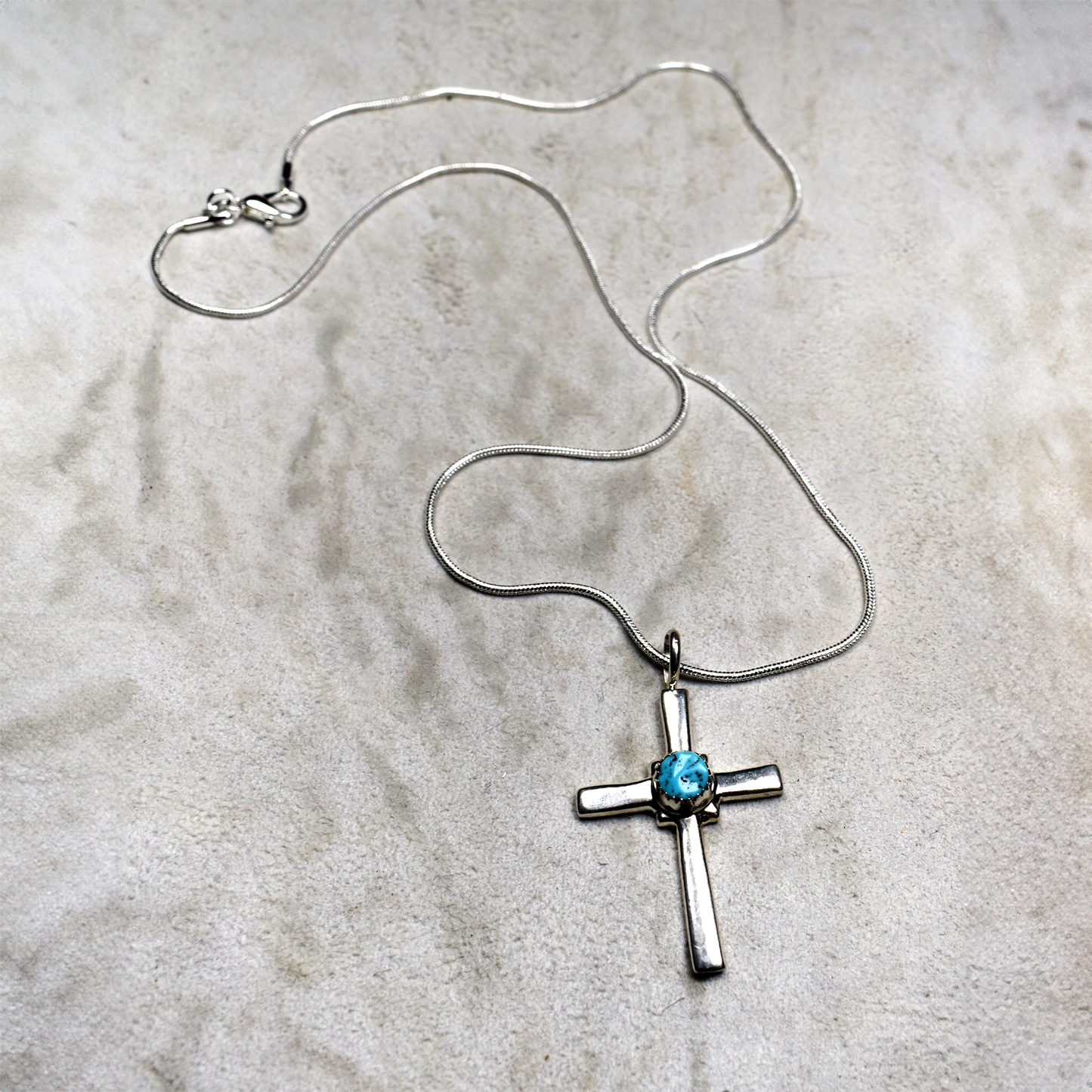 Sand Cast Latin Style Cross Necklace with Sleeping Beauty Turquoise Stone