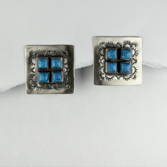 Square Denim Lapis Cluster Earrings
