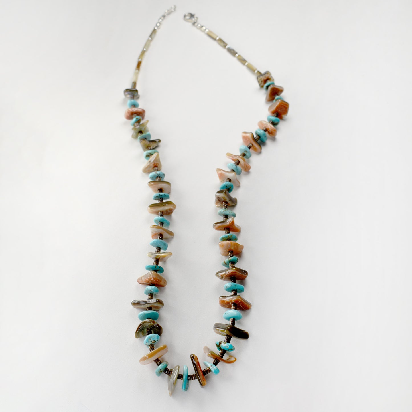 Saucer Cut Sleeping Beauty Turquoise, Abalone, and Mother of Pearl Necklace by Eunice Begay