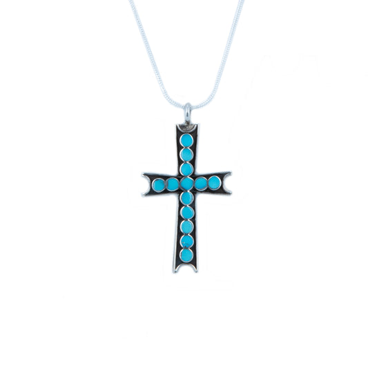 Fourche Style Cross Necklace with Sleeping Beauty Turquoise Inlay