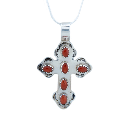 1980's Budded Style Cross Necklace with Coral