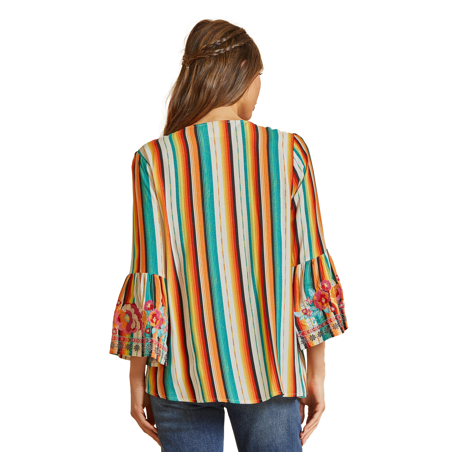 Leah Striped Embroidered Split Neck Top
