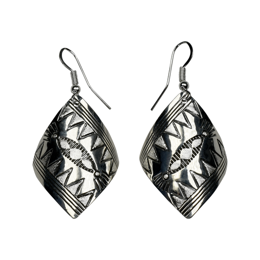 Large Silver Dangle Earrings with Tribal Stamping by Delbert Shirley
