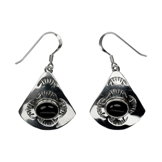 Triangle Stamped Silver Onyx Dangle Earrings by Ruth Ann Begay