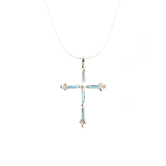 Zuni Budded Cross Necklace with Petit Point Sleeping Beauty Turquoise Inlay