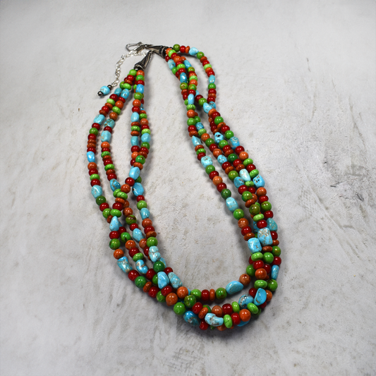 22" Blue Turquoise, Coral, Spiny Oyster, and Mojave Turquoise Four Strand Necklace