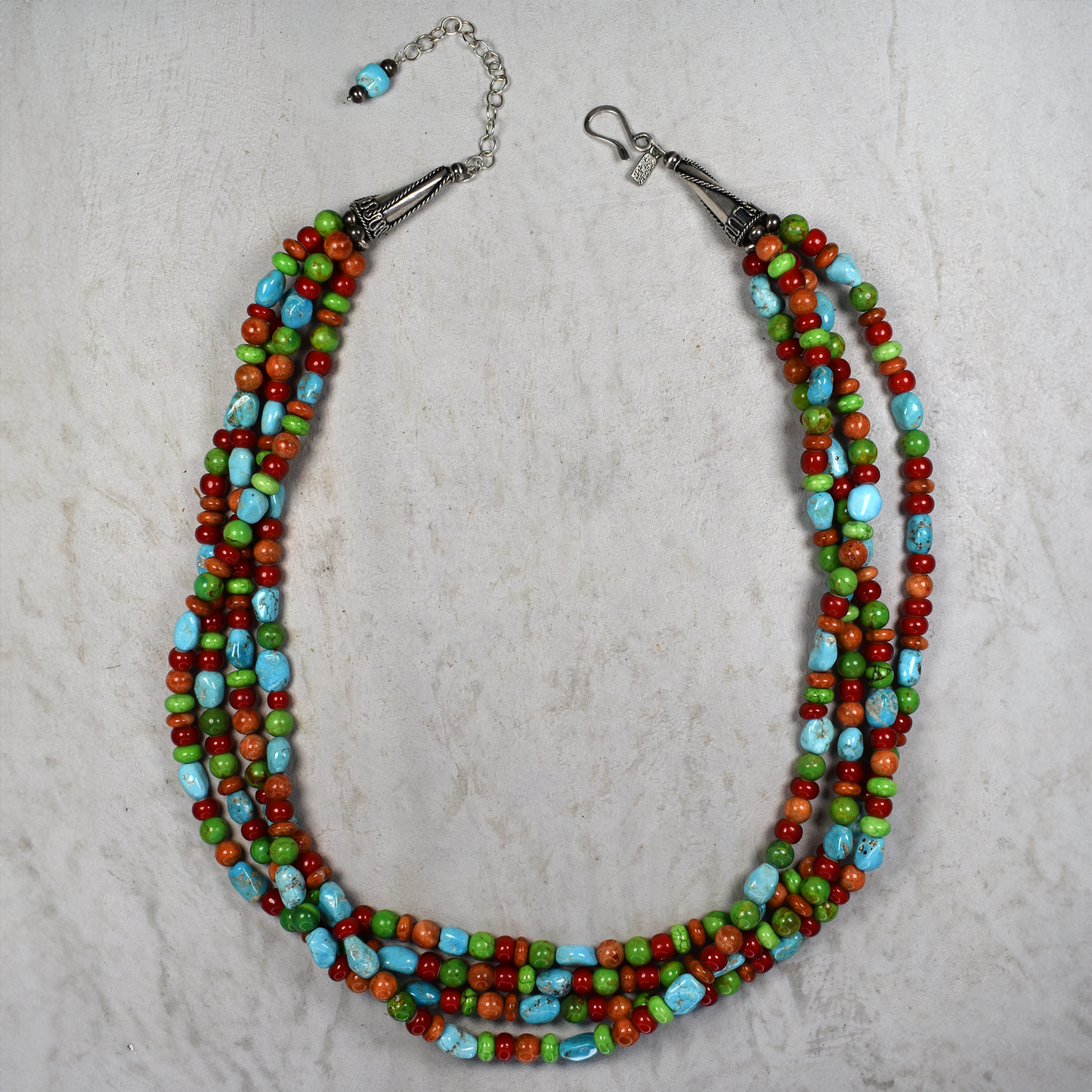 22" Blue Turquoise, Coral, Spiny Oyster, and Mojave Turquoise Four Strand Necklace