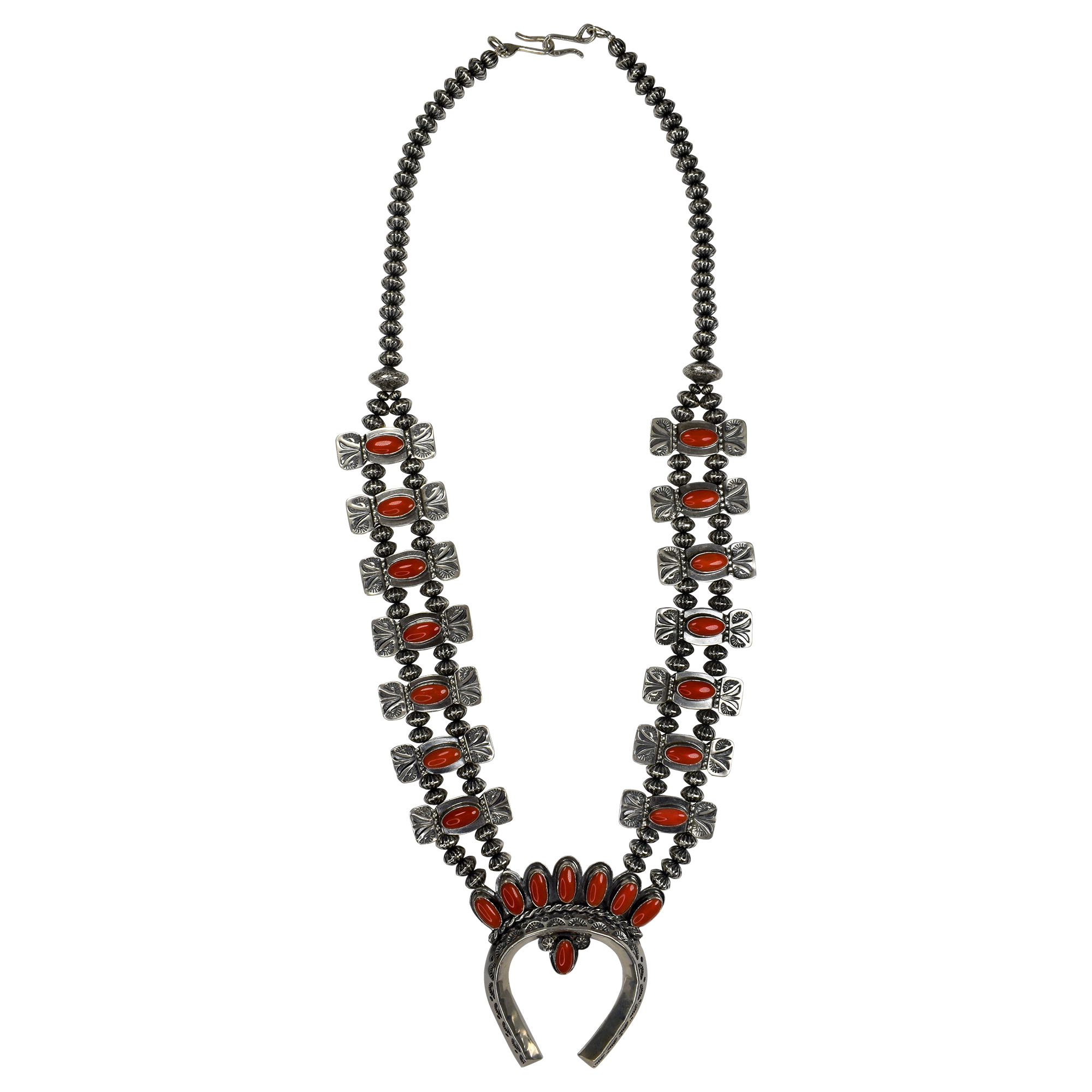Vintage Native American Silver Red Coral Squash Blossom Necklace | eBay