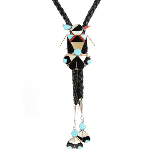 Zuni Woodpecker Bolo Tie with Inlay Feather Tips