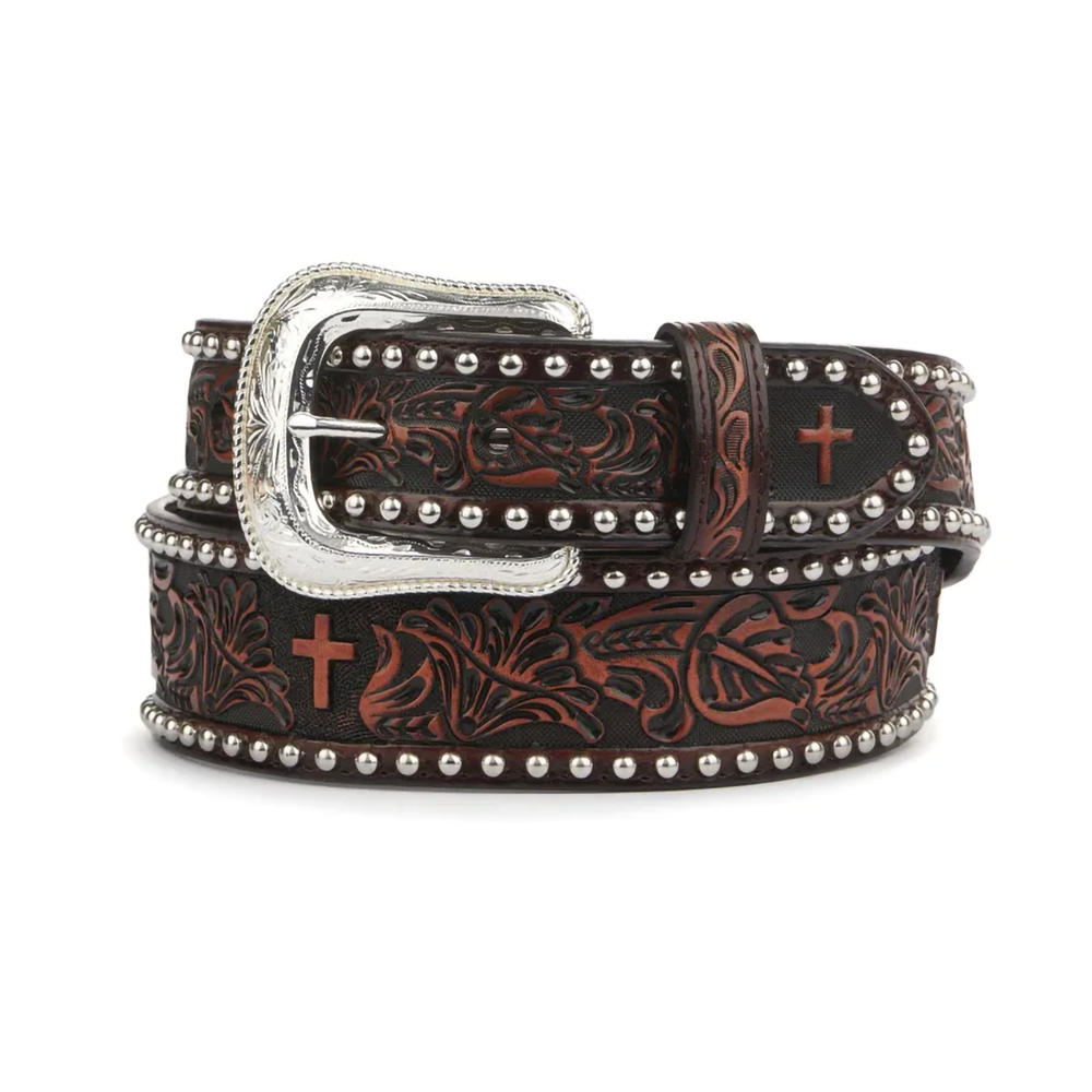 Men's Brown Leather Floral & Cross Tooled Belt with Studs