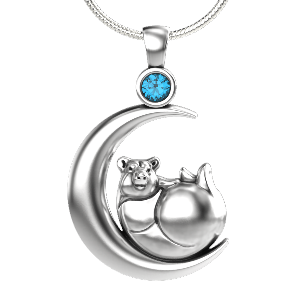 Luna Bear Pendant Necklace - Sterling Silver with Swiss Blue Topaz