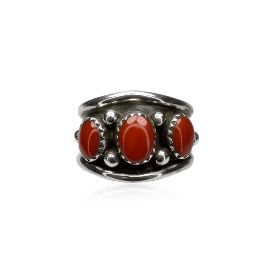 Three Coral Stone Band Ring with Silver Beads by Julia Etsitty