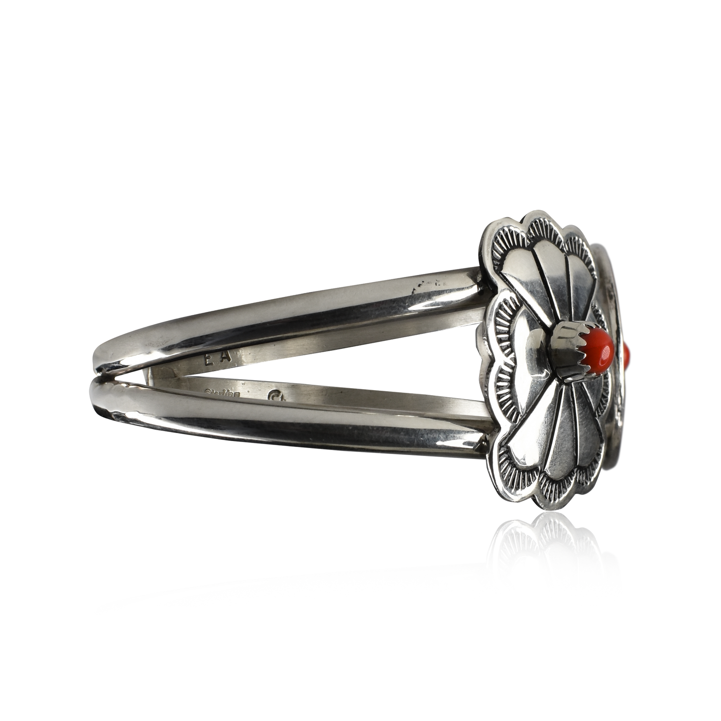 Hand-Tooled Sterling Silver Cuff with Coral Inlay by Evelyn Abeita