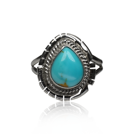Turquoise Teardrop Ring with Polished Tooling by Peggy Skeets