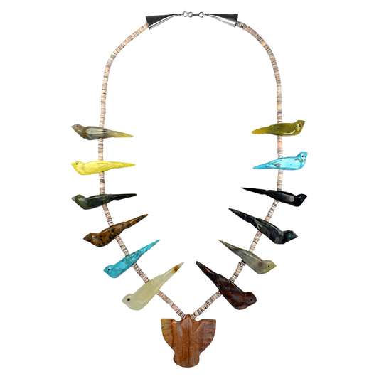 Shell Disk Necklace with Multi-Stone Bird Fetishes by Matt Mitchell