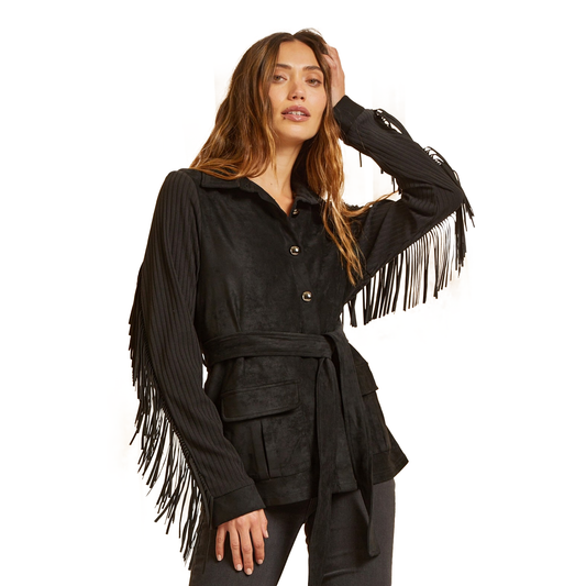 June Button Up Suede and Knit Fringe Jacket