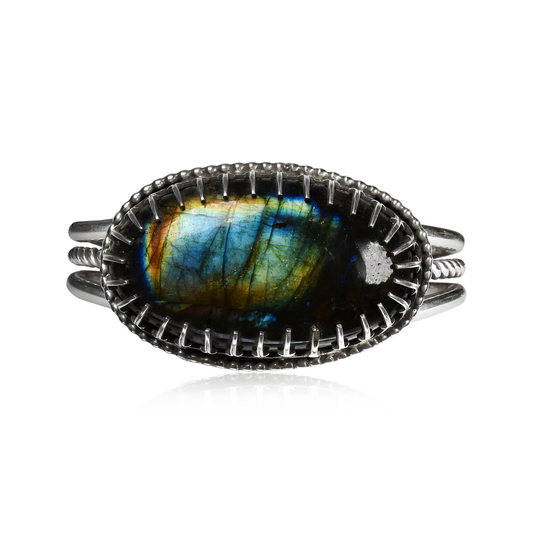 Hand-Tooled Labradorite Crown Cuff with Side Stones