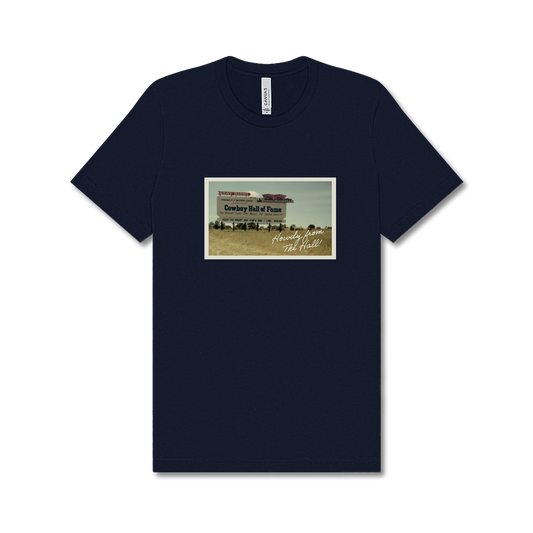 Vintage Cowboy Hall of Fame Billboard Postcard Tee - Navy