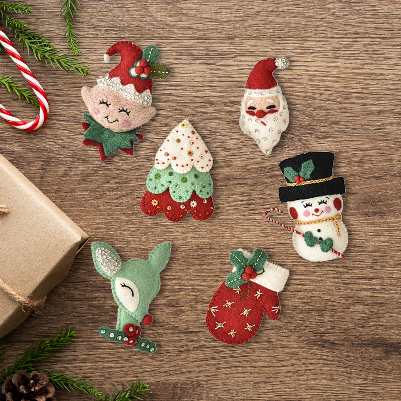 Christmas Icons Embroidered Felted Wool Ornaments