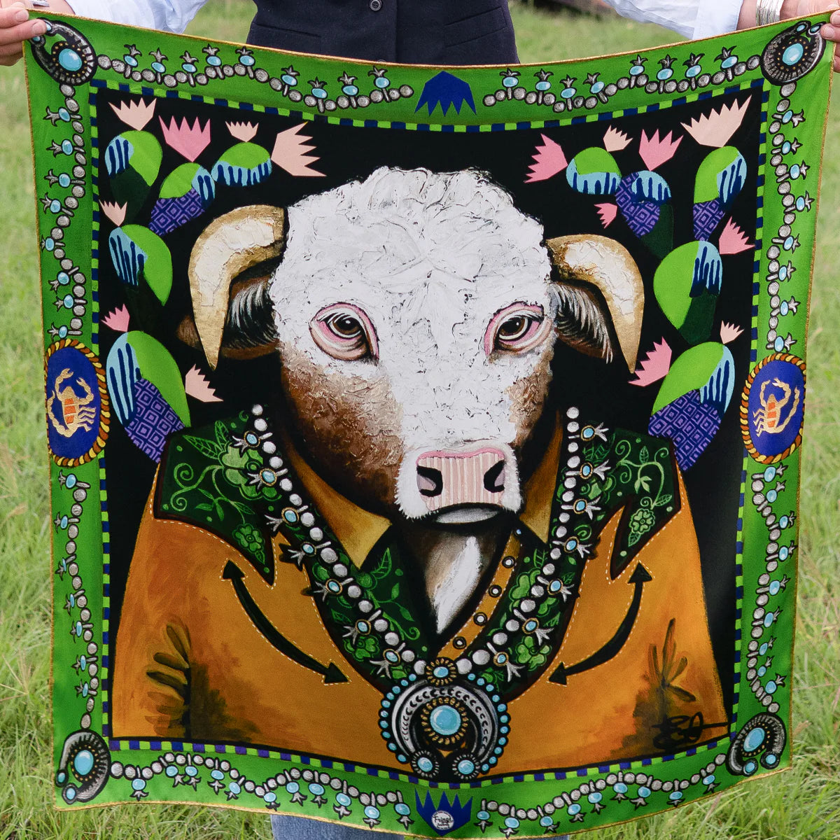 Fringe "Bull in Bloom" by Elizabeth Dryden Silk Wild Rag