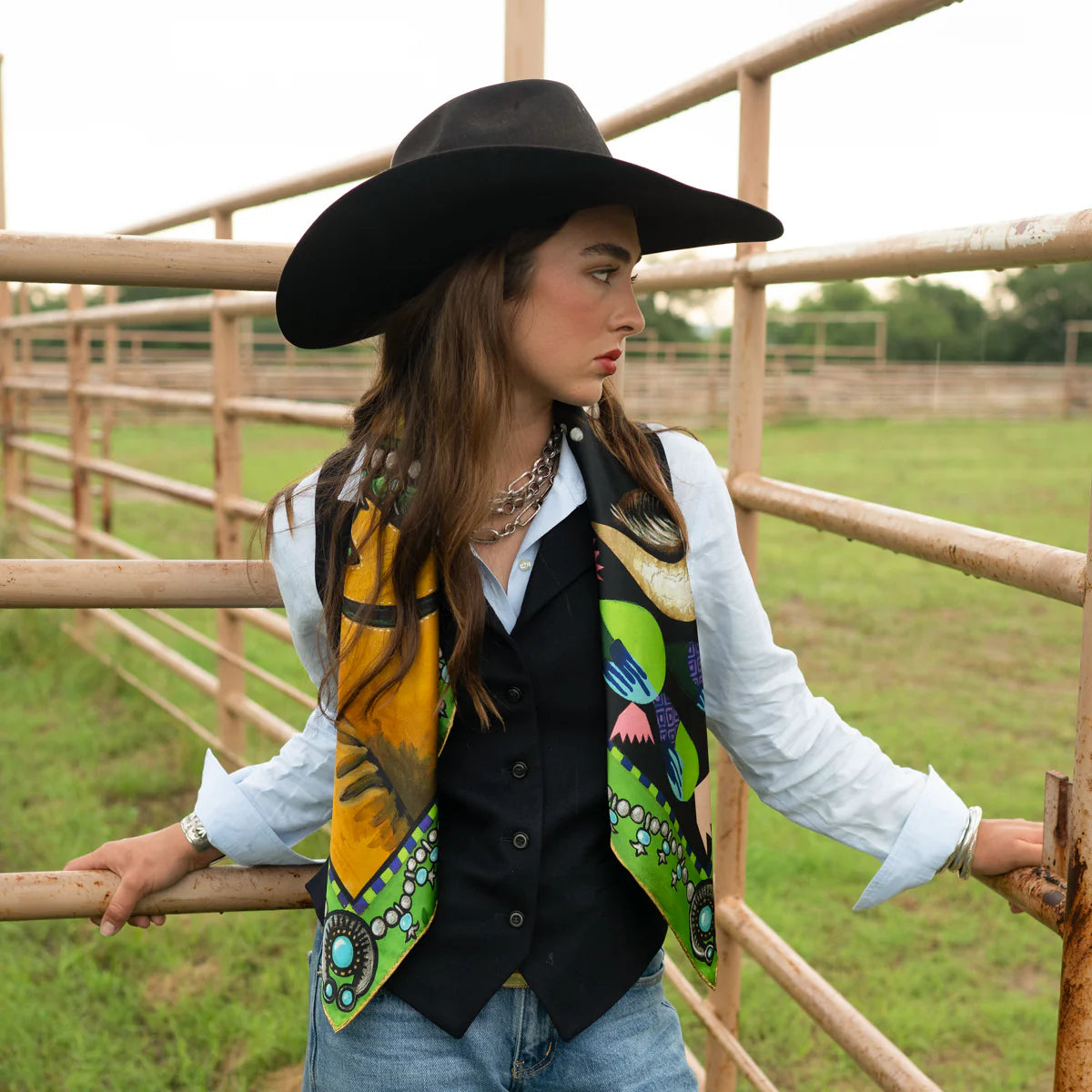Fringe "Bull in Bloom" by Elizabeth Dryden Silk Wild Rag