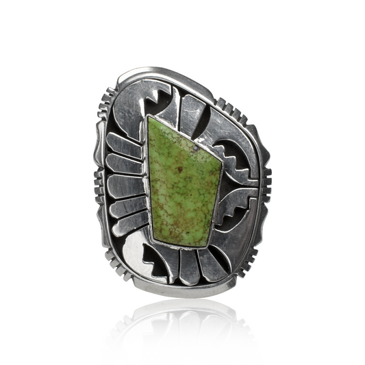 Gaspeite Ring with Hand-Tooled Overlay Setting by Eugene Belone