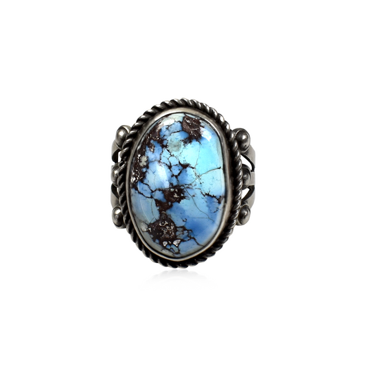 Golden Hill Turquoise Oval Ring with Hand-Tooled Rope Border by Etta Endito