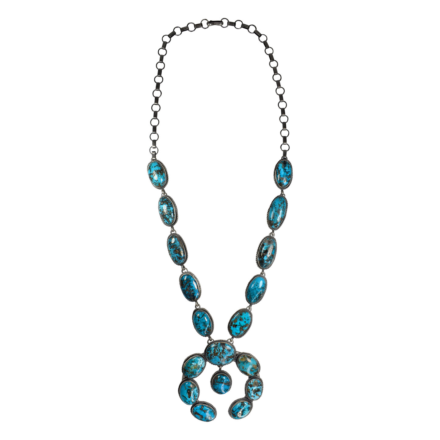 High Grade Natural Persian Turquoise Squash Blossom Necklace by Gilbert Nez