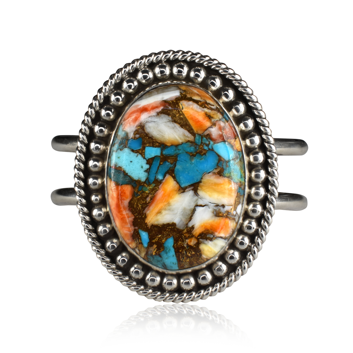 Kingman Turquoise, Spiny Oyster & Brass Composite Cuff by Raquel & Leonard Hurley