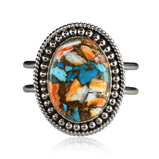 Kingman Turquoise, Spiny Oyster & Brass Composite Cuff by Raquel & Leonard Hurley