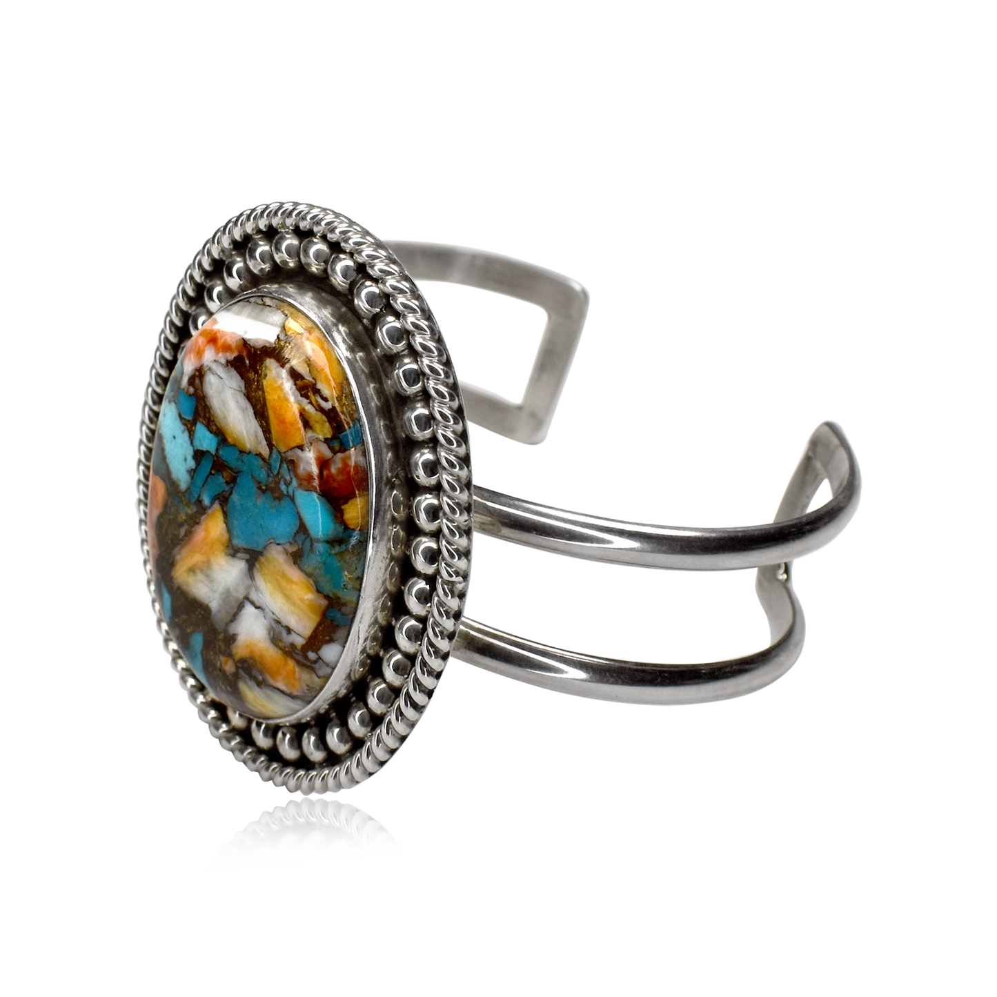Kingman Turquoise, Spiny Oyster & Brass Composite Cuff by Raquel & Leonard Hurley