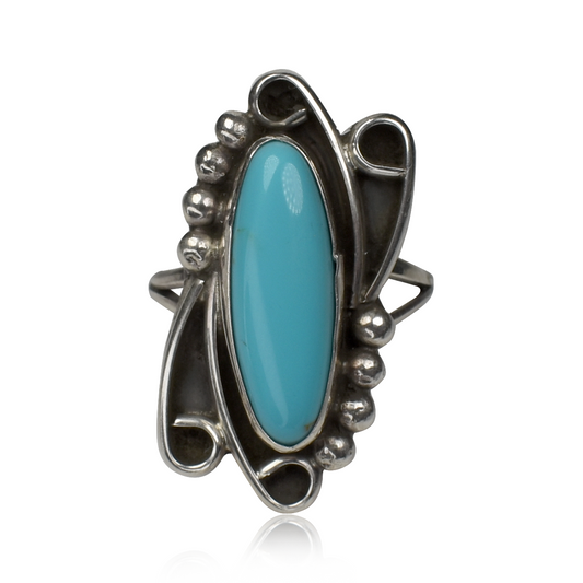 Long Oval Sleeping Beauty Turquoise Ring with Flourishes by Richard Long, Sr.
